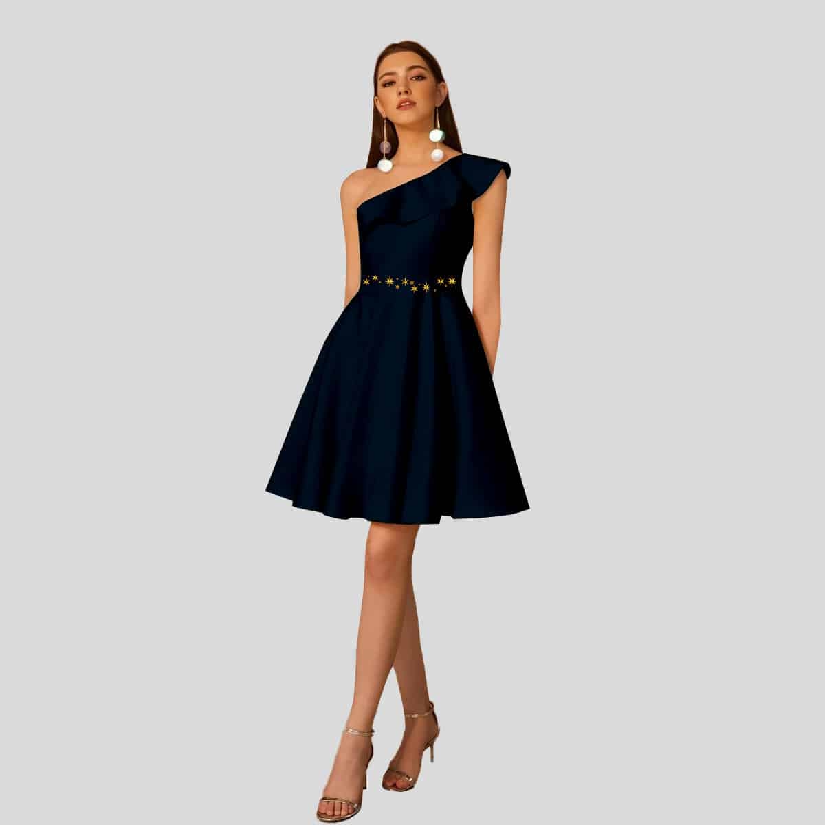 Denim Blue One Shoulder Ruffle Fit & Flare Dress-RED060B