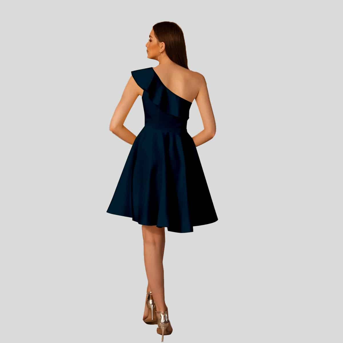 Denim Blue One Shoulder Ruffle Fit & Flare Dress-RED060B