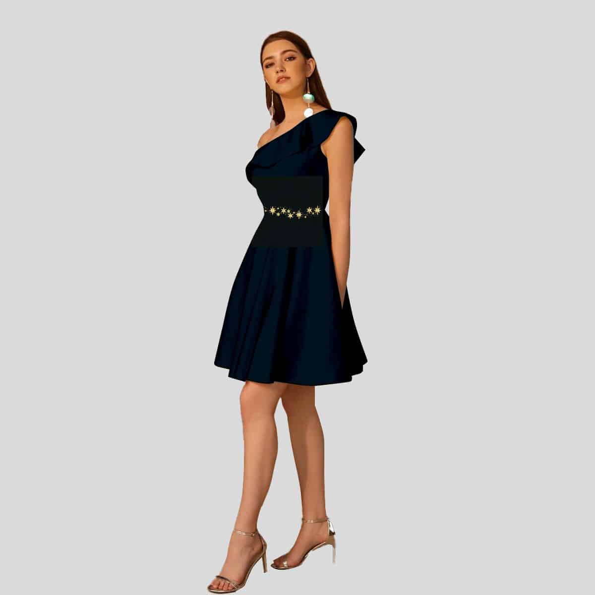 Denim Blue One Shoulder Ruffle Fit & Flare Dress-RED060B