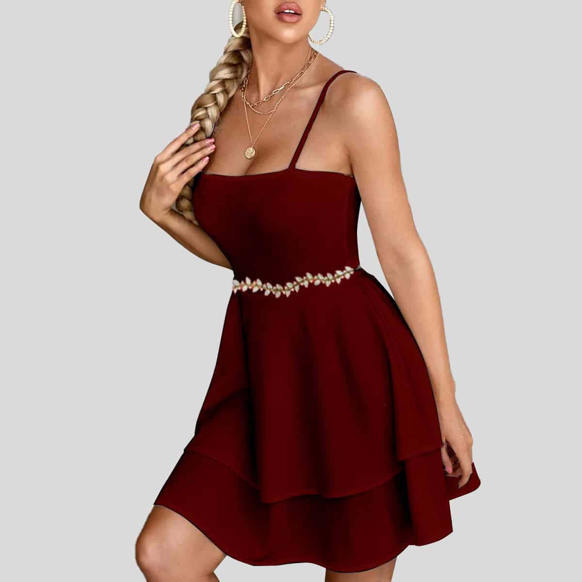 Maroon color Cut Out Back Layered Hem Cami Dress-RED062B