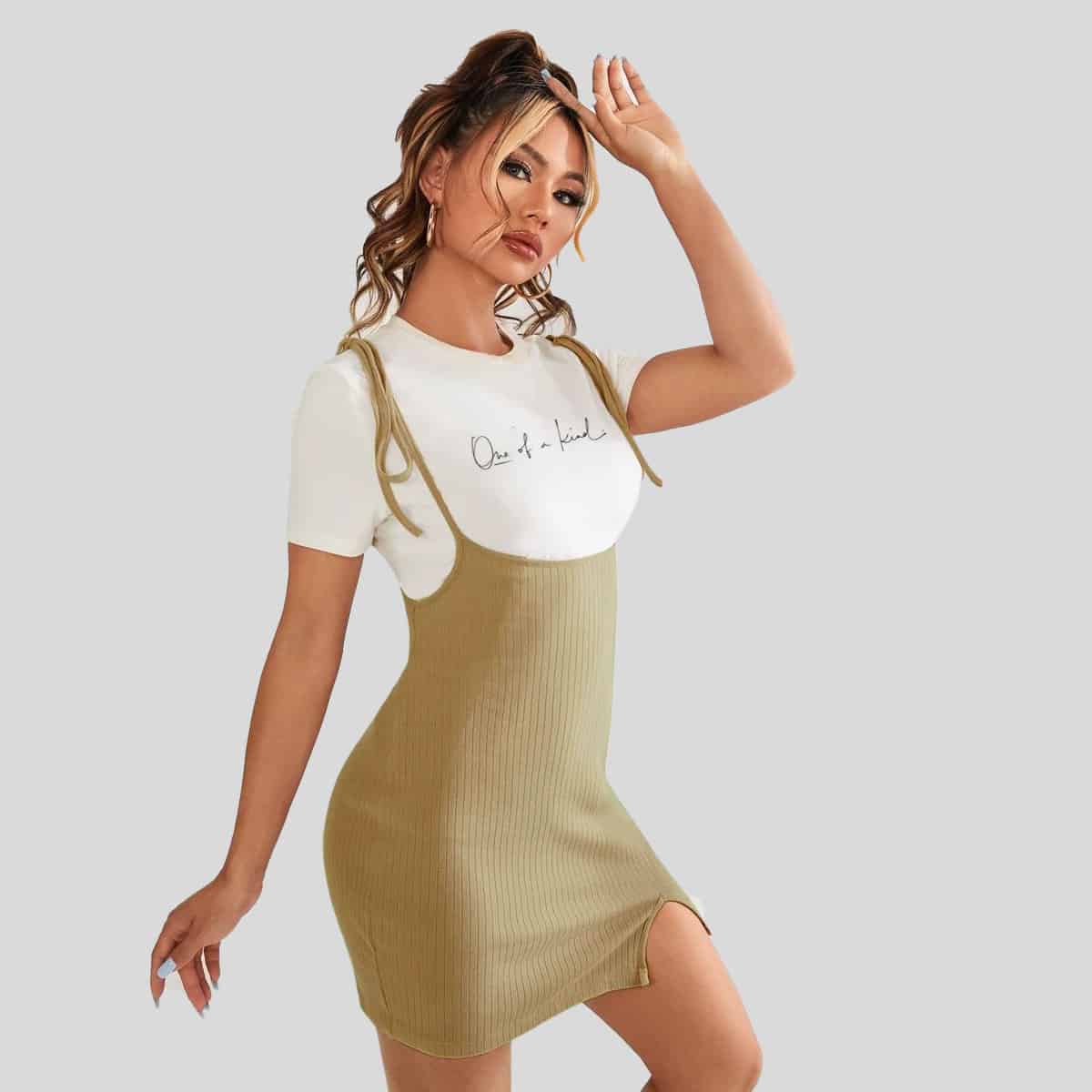 Latte color Knot Shoulder Split Hem Suspender Dress Without Tee-RED063A