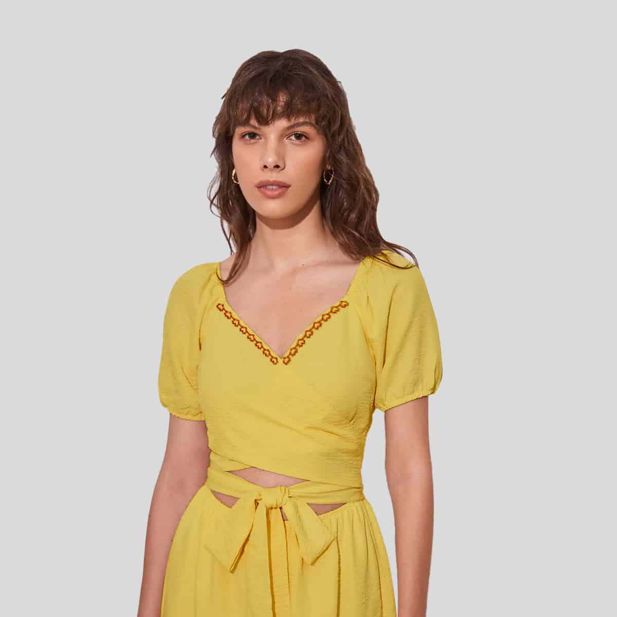 Yellow Blouson Sleeve Knot Front Wrap Dress-REM006