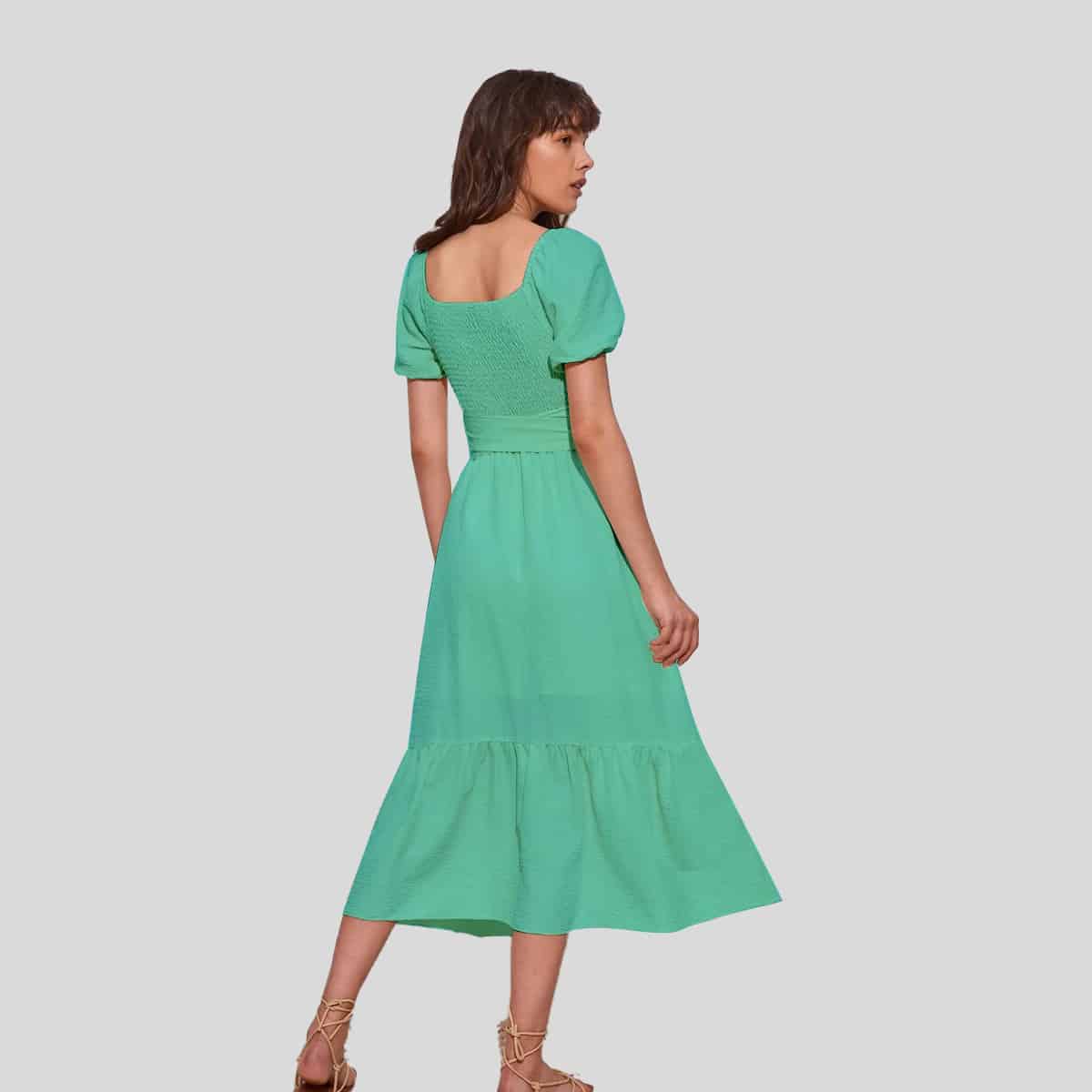 Turquoise Blouson Sleeve Knot Front Wrap Dress-REM007