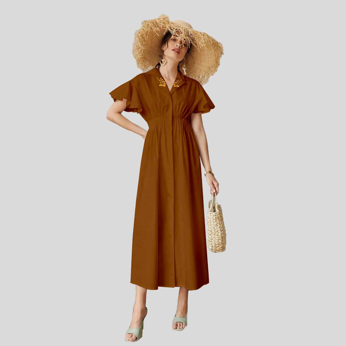 Brown Lapel Collar Butterfly Sleeve Shirred Waist Shirt Dress-REM008