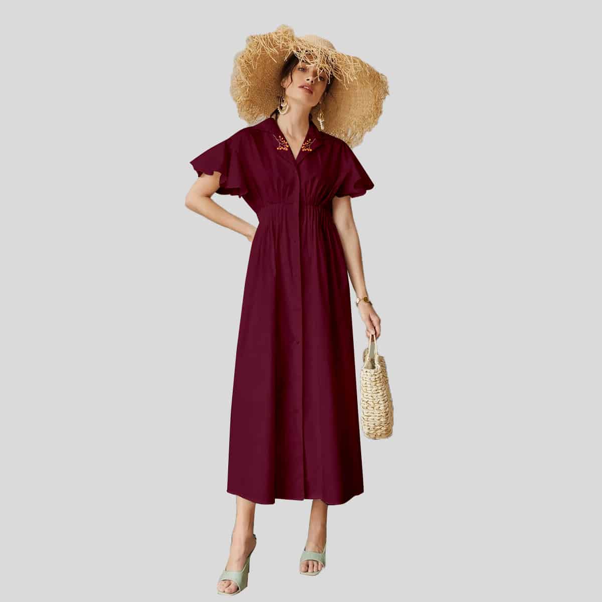 Wine Lapel Collar Butterfly Sleeve Shirred Waist Shirt Dress-REM009