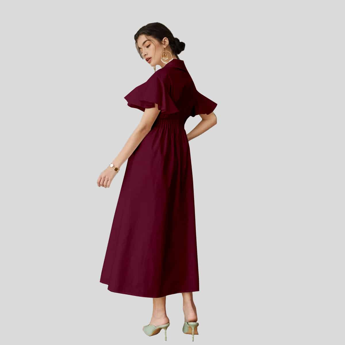 Wine Lapel Collar Butterfly Sleeve Shirred Waist Shirt Dress-REM009