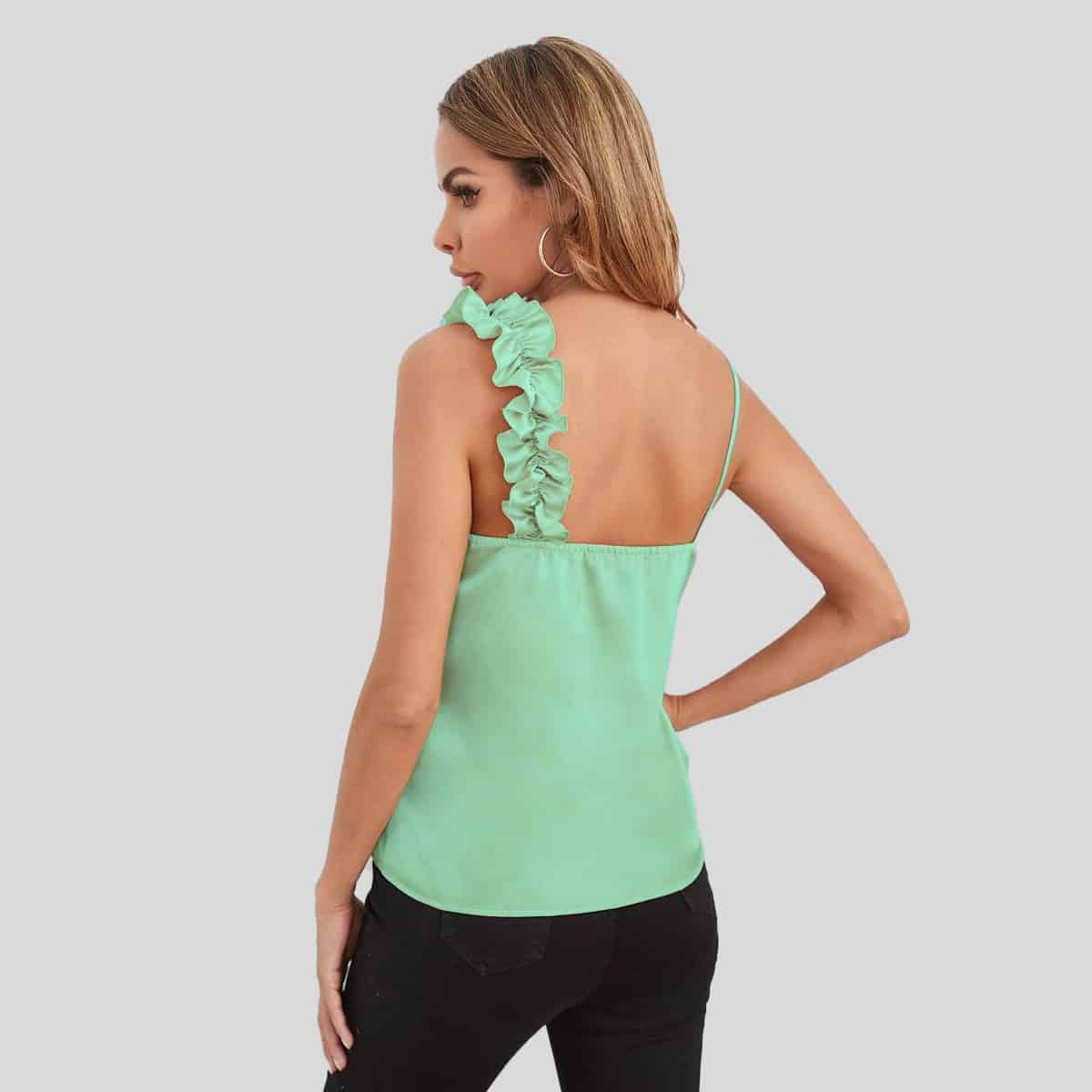 Light Mint Ruffle Trim Asymmetrical Neck Top-RET081A