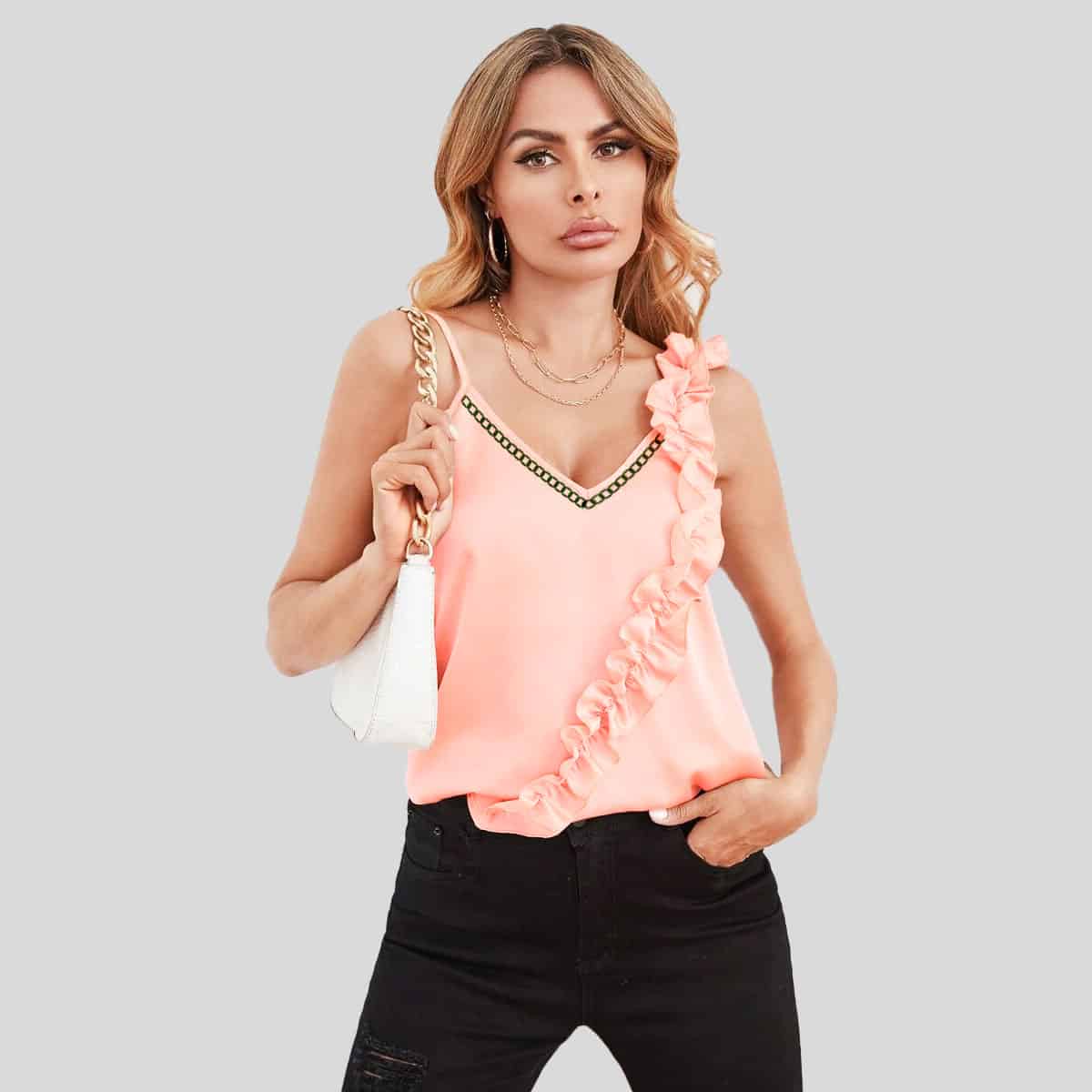 Baby Peach Ruffle Trim Asymmetrical Neck Top-RET081B