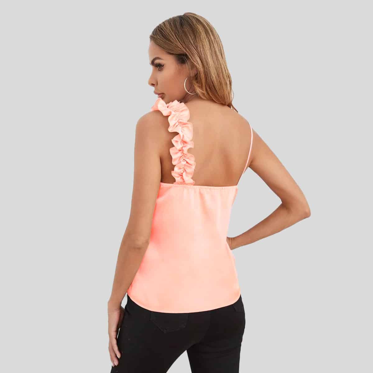 Baby Peach Ruffle Trim Asymmetrical Neck Top-RET081B