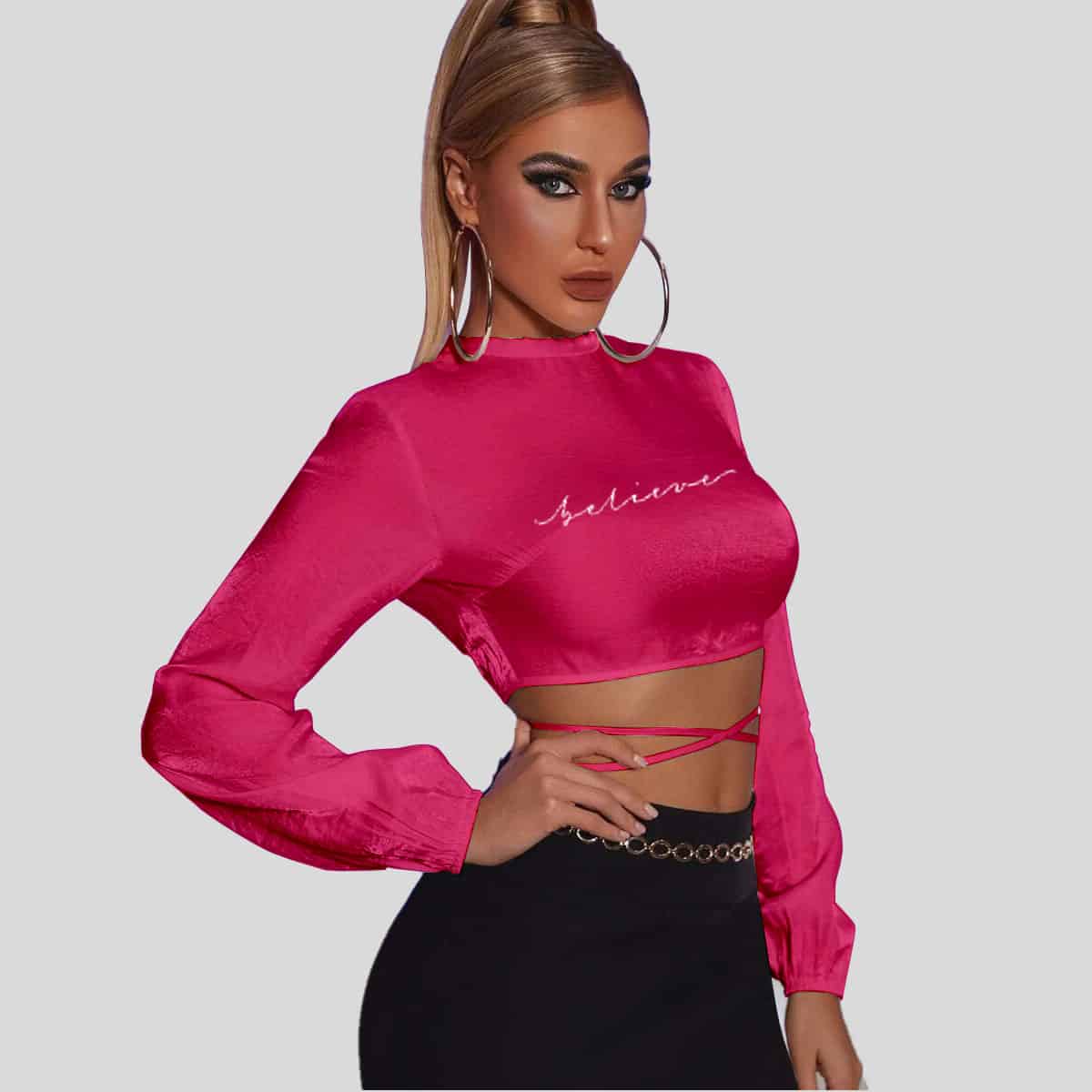 Pink Crises Cross Backless Satin Top-RET082A
