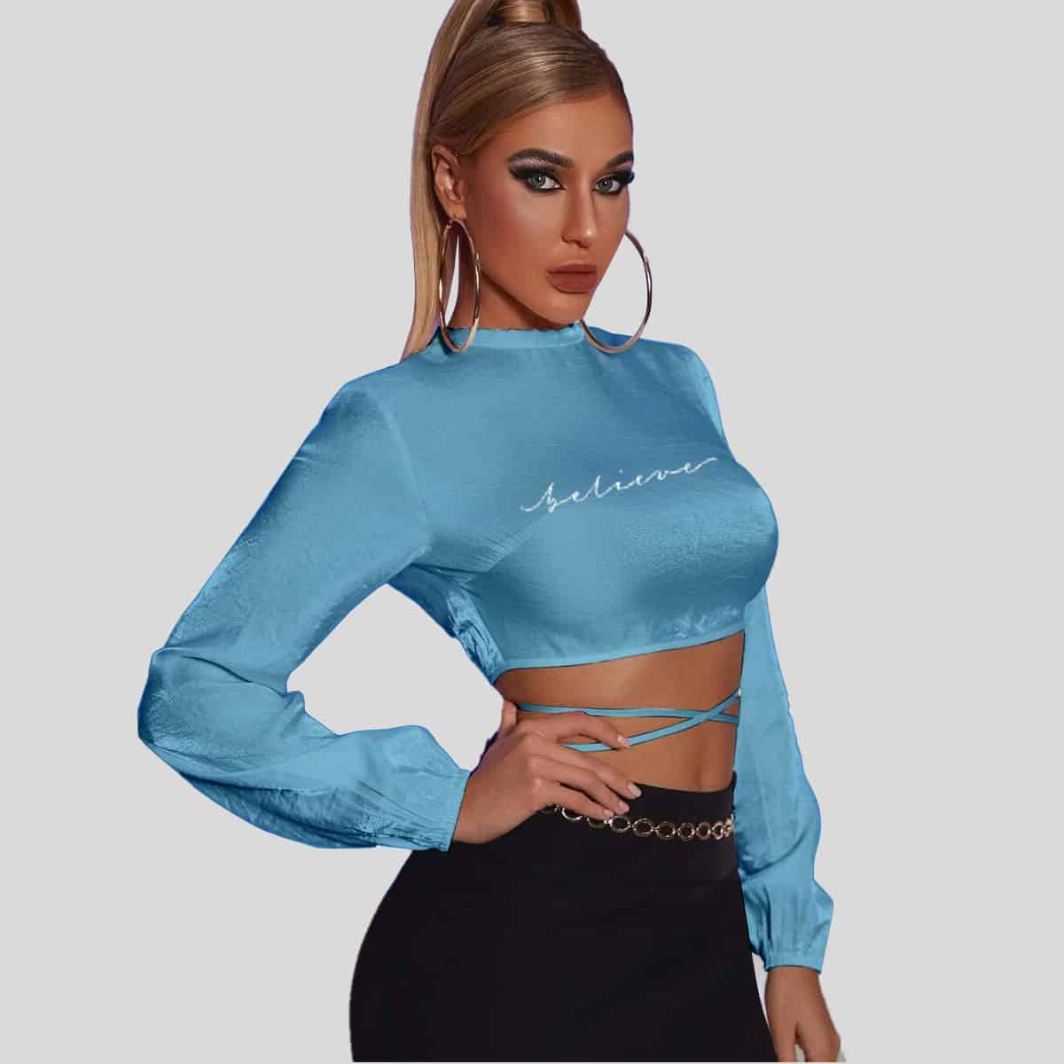 light blue Cross Backless Satin Top-RET082B