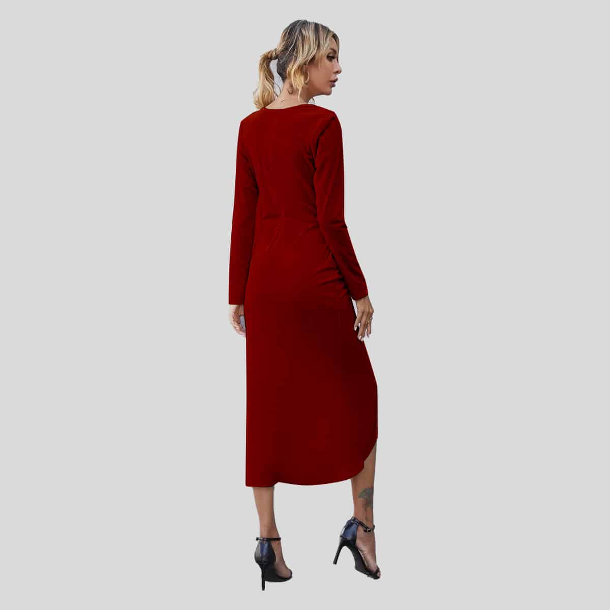 Maroon Neck Wrap Asymmetrical Hem Velvet Dress-ROD042A
