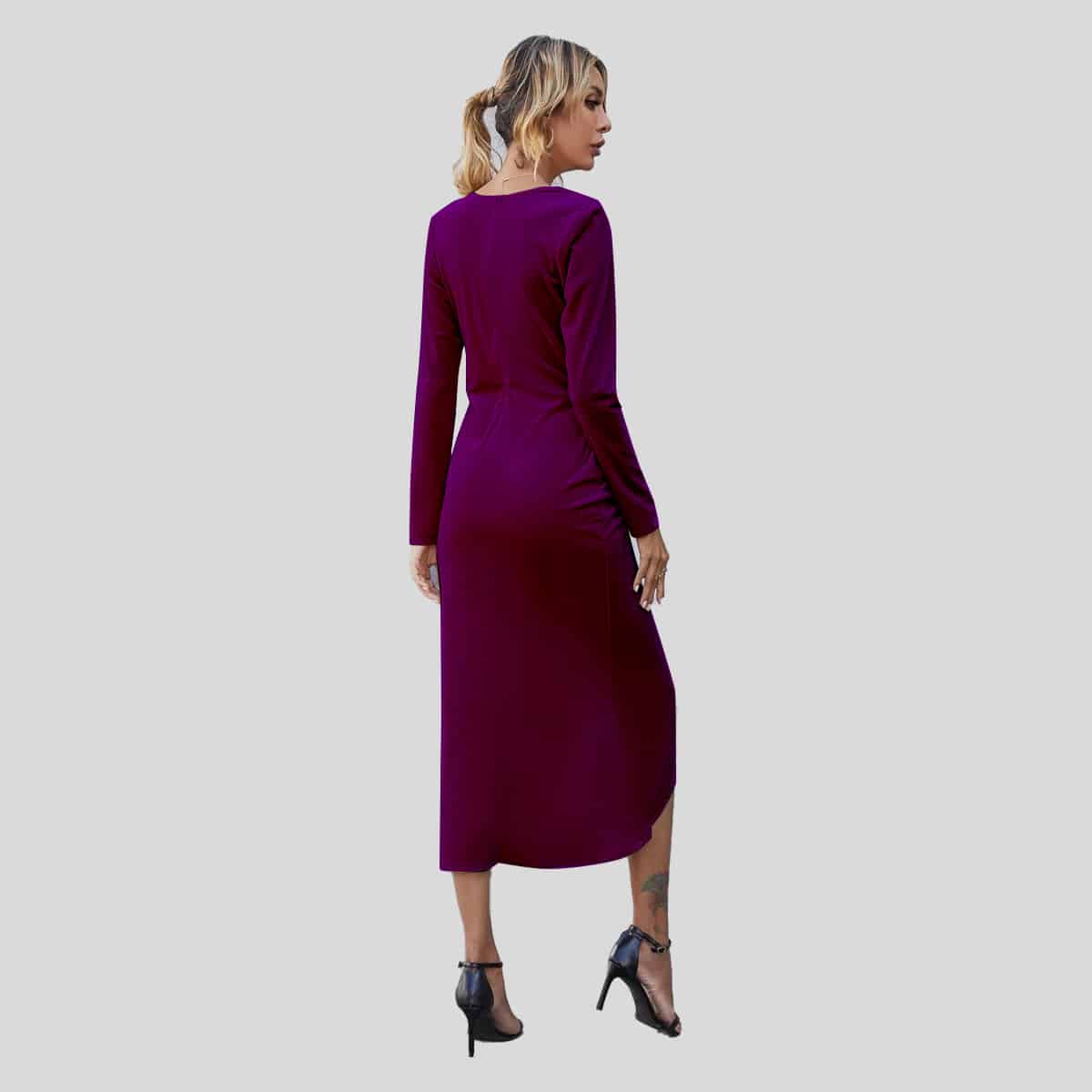 Eggplant color Neck Wrap Asymmetrical Hem Velvet Dress-ROD042B