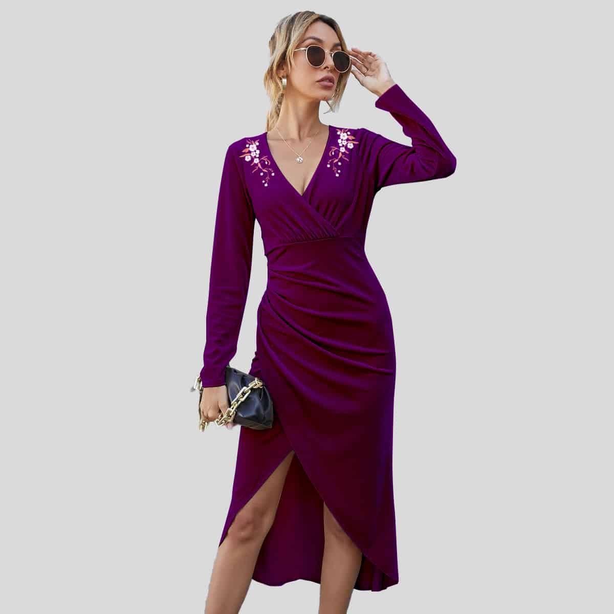 Eggplant color Neck Wrap Asymmetrical Hem Velvet Dress-ROD042B