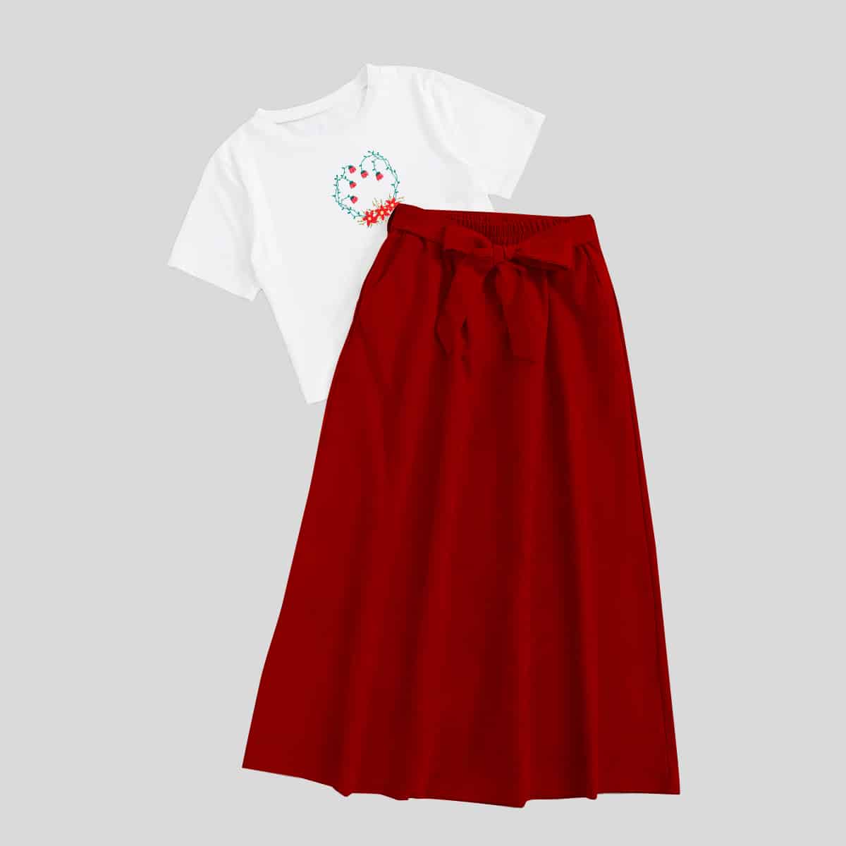 White and Maroon Tee with Floral Print & Tie Skirt-RCB001