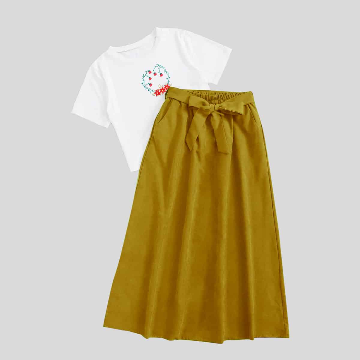 White and Golden Yellow Tee with Floral Print & Tie Skirt-RCB002