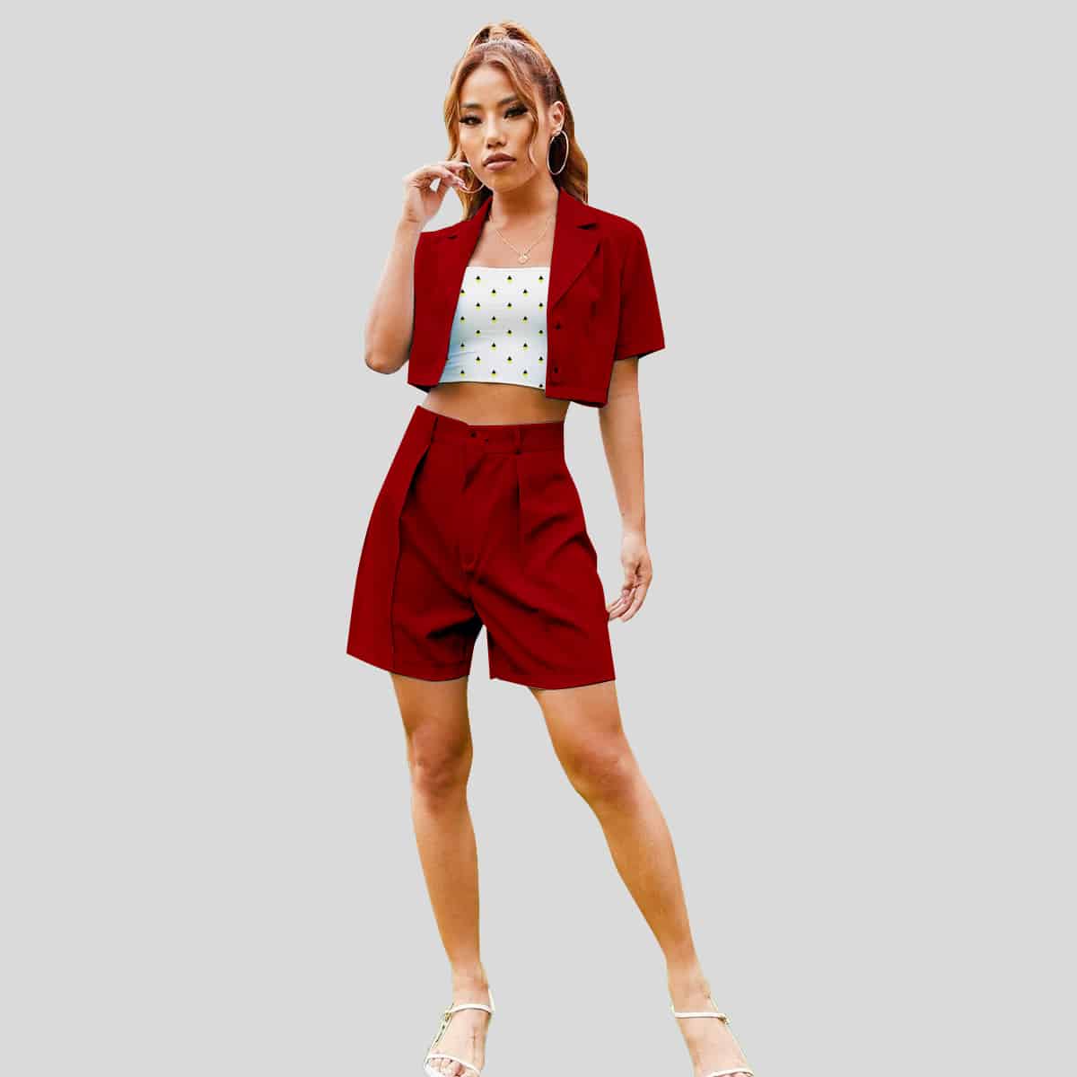 Maroon Lapel Collar Blouse With Shorts-RCB003