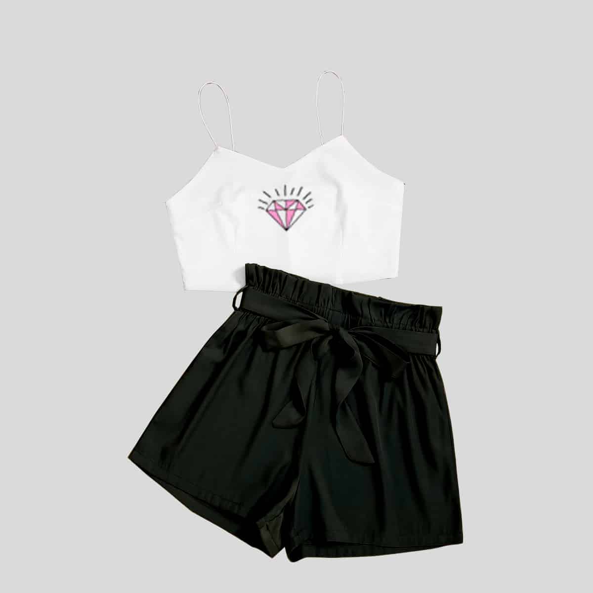 Black Crop Cami Top & Paper Bag Waist Shorts-RCB005