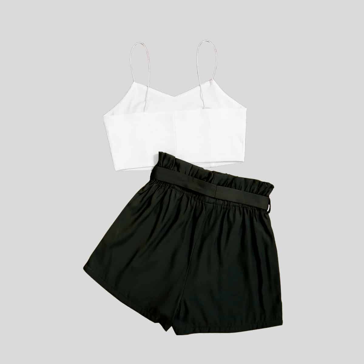 Black Crop Cami Top & Paper Bag Waist Shorts-RCB005