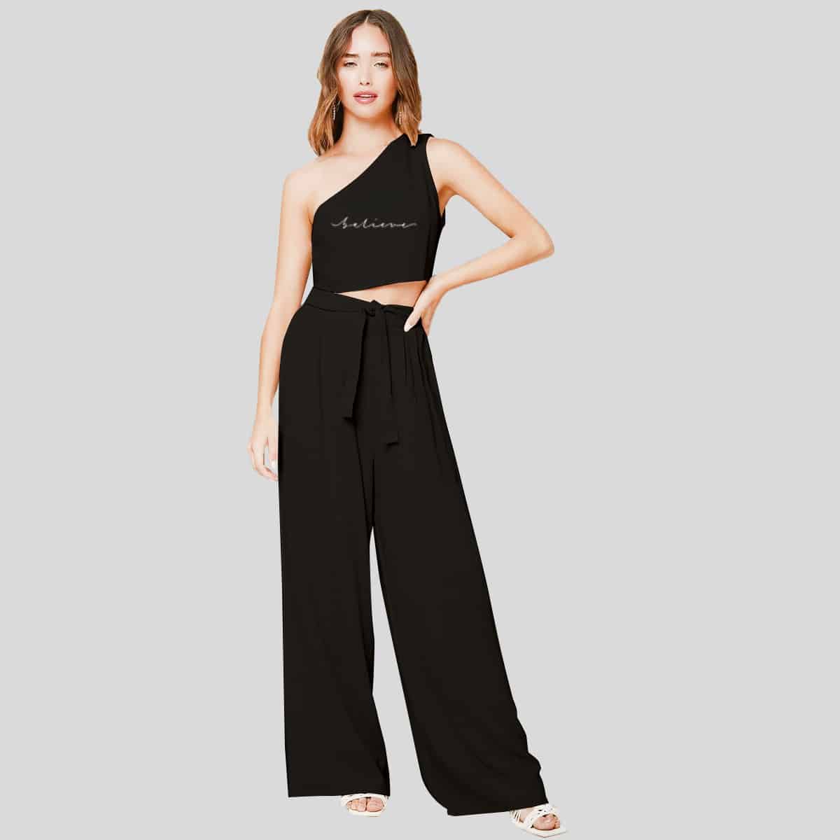 Black One Shoulder Crop Top & Palazzo Belted Pants Set-RCB007