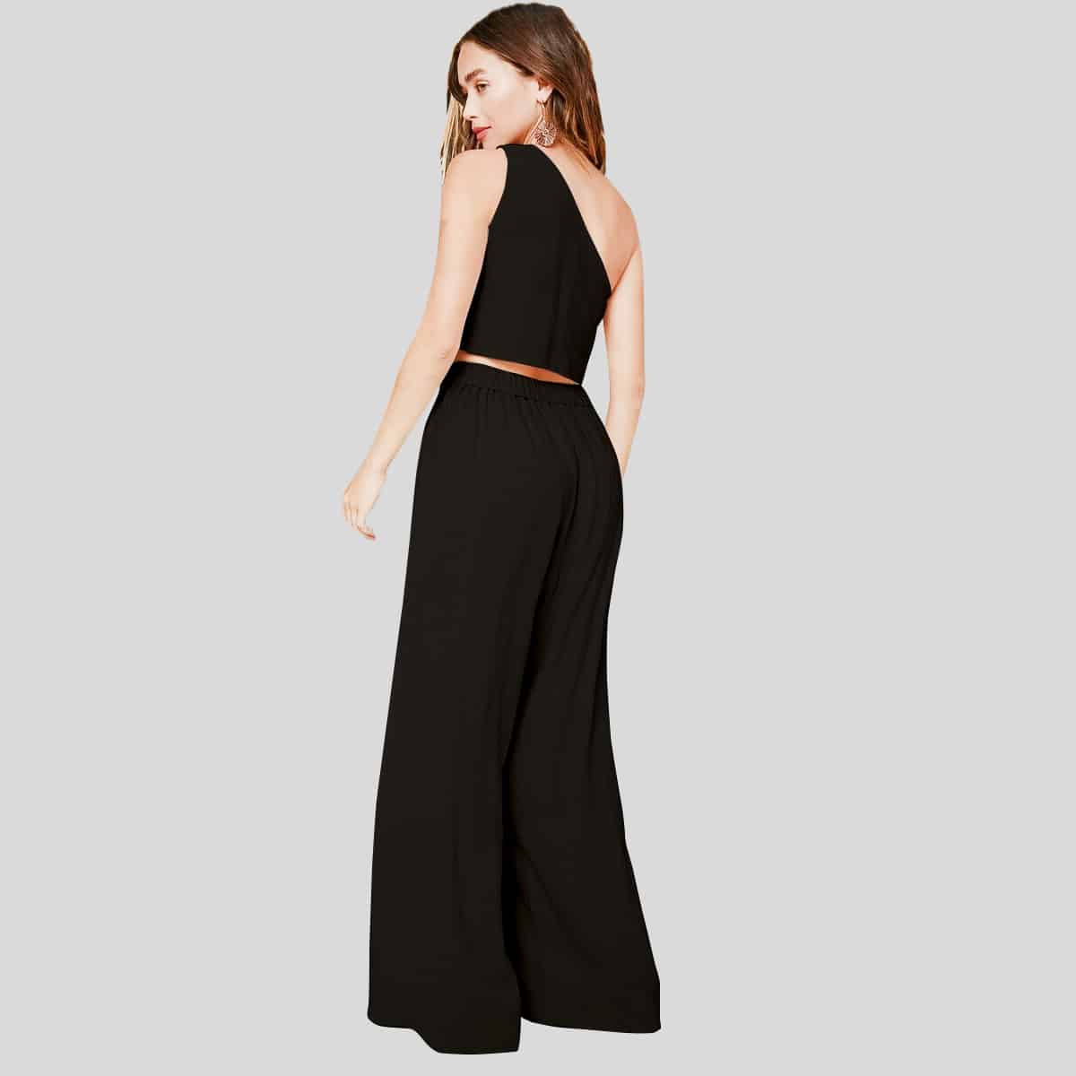 Black One Shoulder Crop Top & Palazzo Belted Pants Set-RCB007