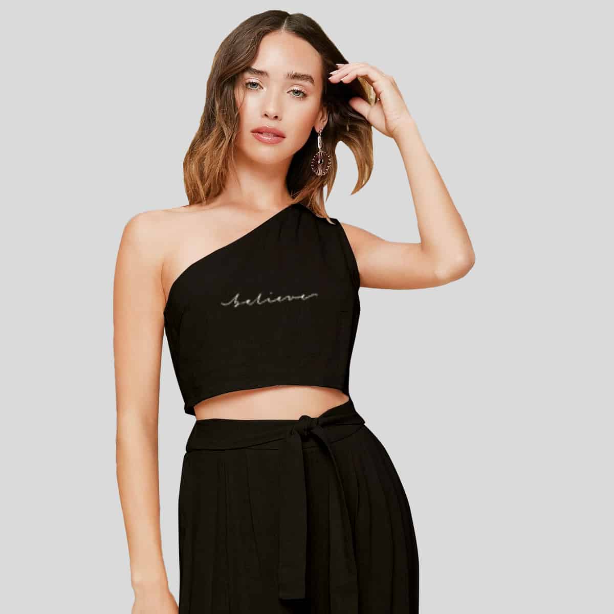 Black One Shoulder Crop Top & Palazzo Belted Pants Set-RCB007