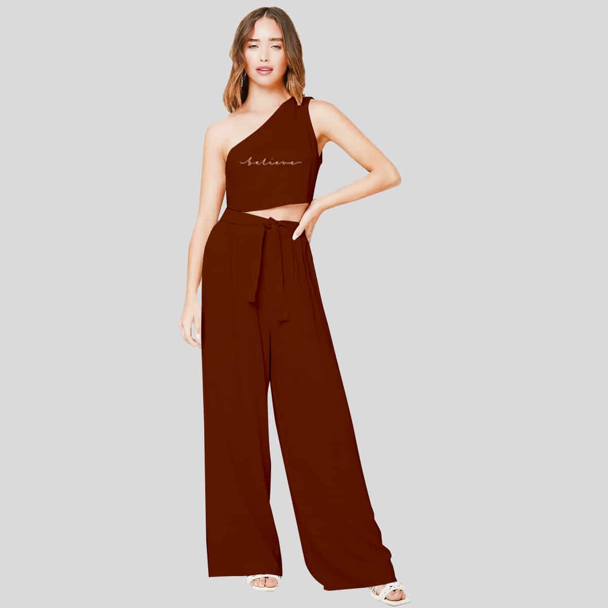 Brown One Shoulder Crop Top & Palazzo Belted Pants Set-RCB008