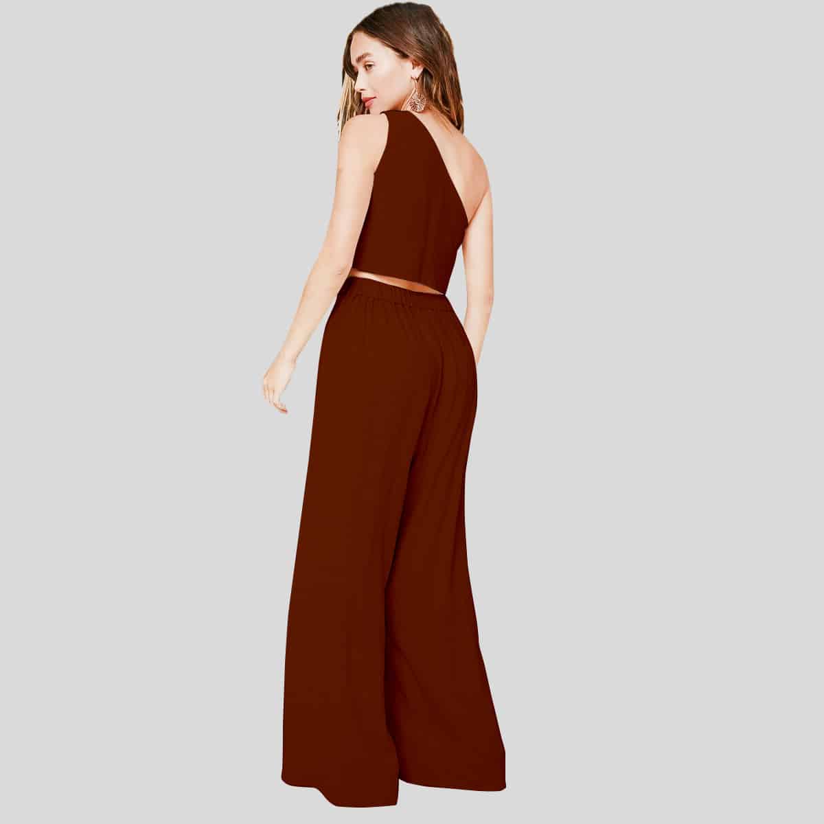 Brown One Shoulder Crop Top & Palazzo Belted Pants Set-RCB008