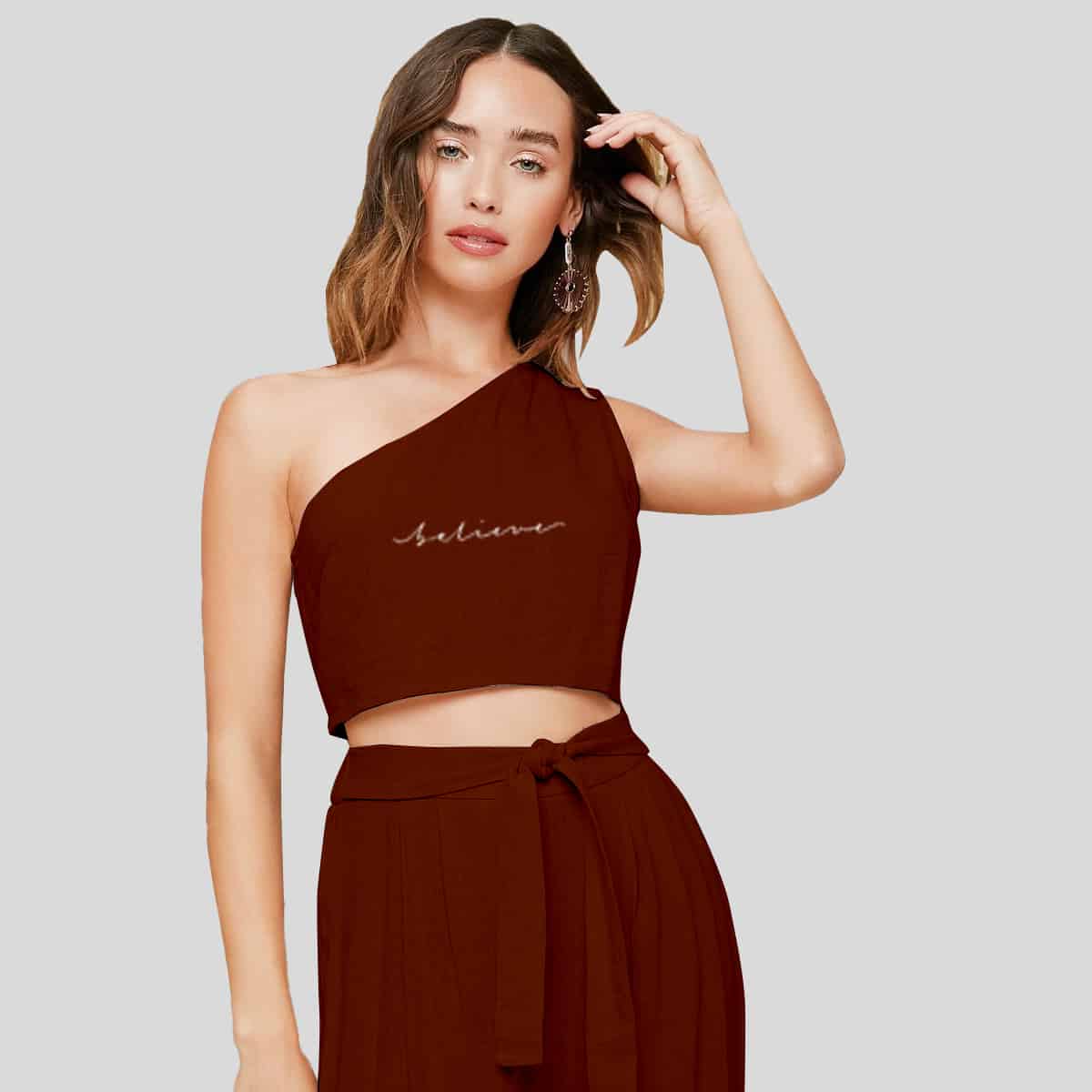 Brown One Shoulder Crop Top & Palazzo Belted Pants Set-RCB008