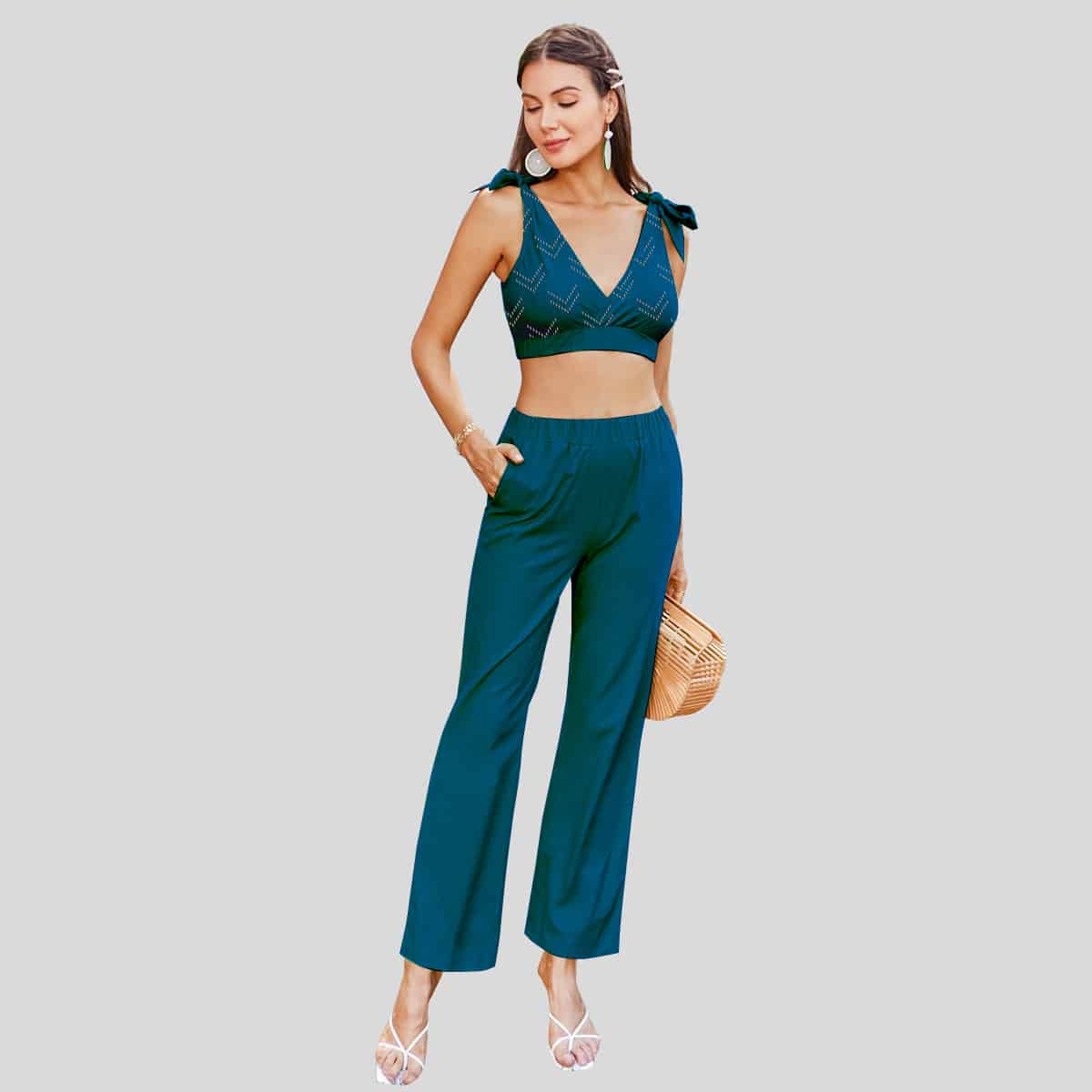 Yale Blue One Shoulder Crop Top & Palazzo Belted Pants Set-RCB009