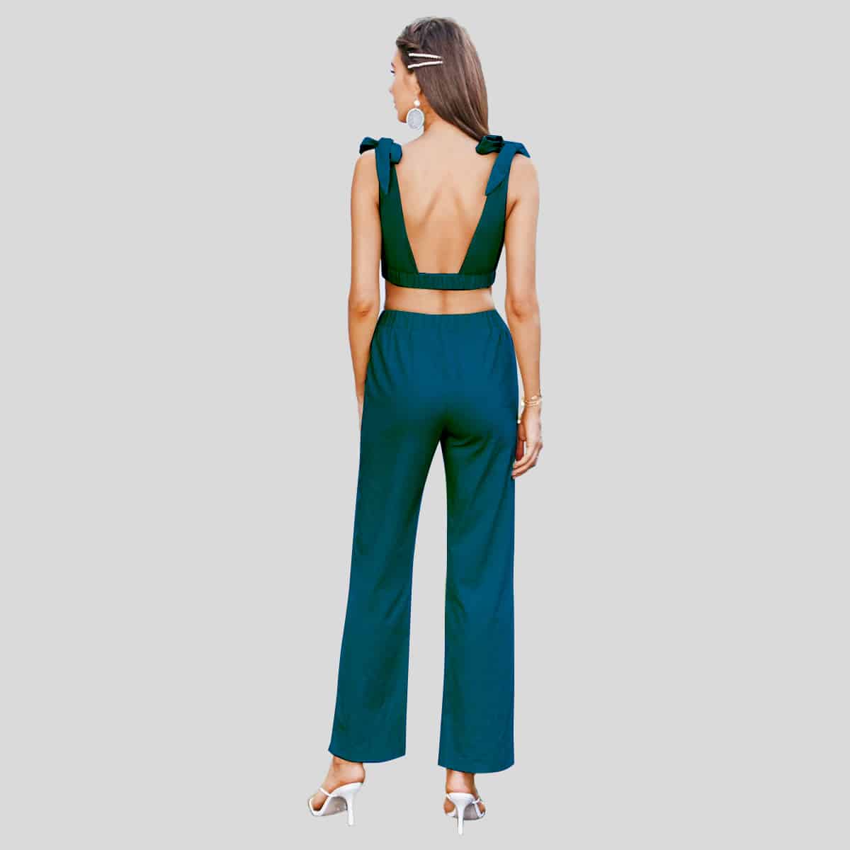 Yale Blue One Shoulder Crop Top & Palazzo Belted Pants Set-RCB009