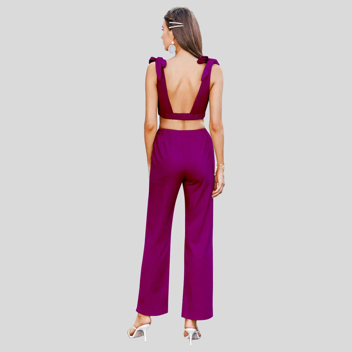 Jam Purple One Shoulder Crop Top & Palazzo Belted Pants Set-RCB010