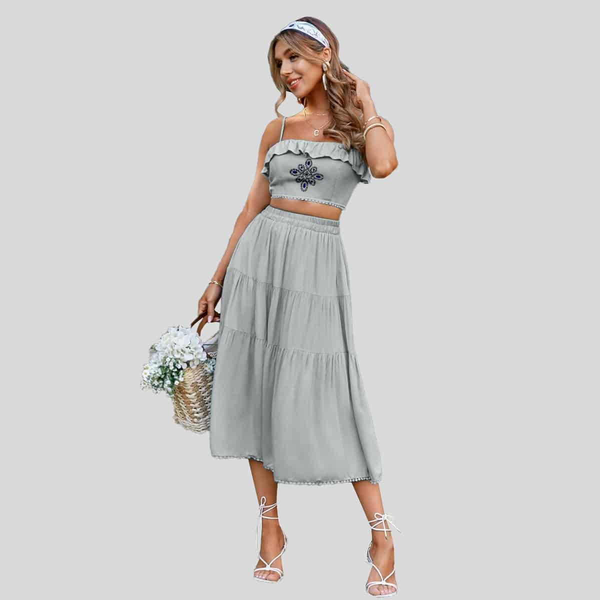 Grey Cami Top & Flounce Hem Skirt Set-RCB012
