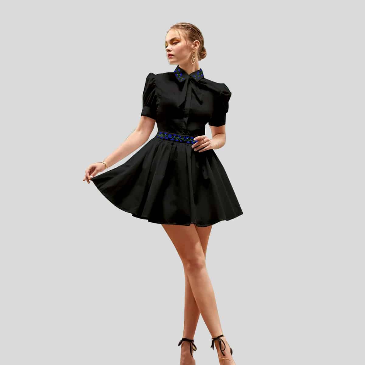 Black Rituals Tie Neck Puff Sleeve Shirt Dress-RCD021