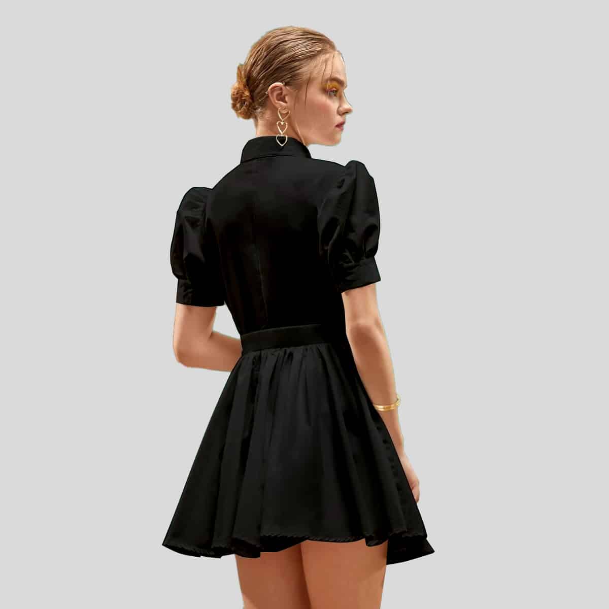 Black Rituals Tie Neck Puff Sleeve Shirt Dress-RCD021
