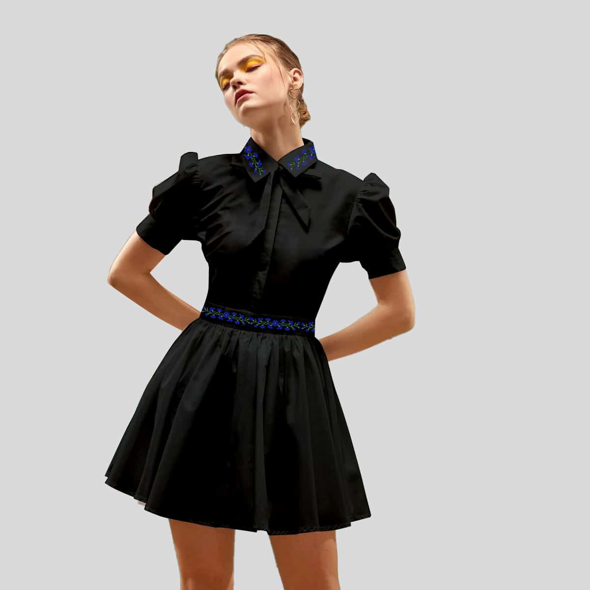 Black Rituals Tie Neck Puff Sleeve Shirt Dress-RCD021