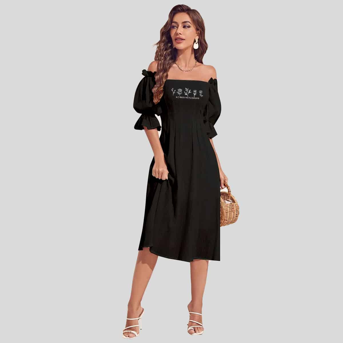 Black Off Shoulder Puff Sleeve Solid Dress-RCD025
