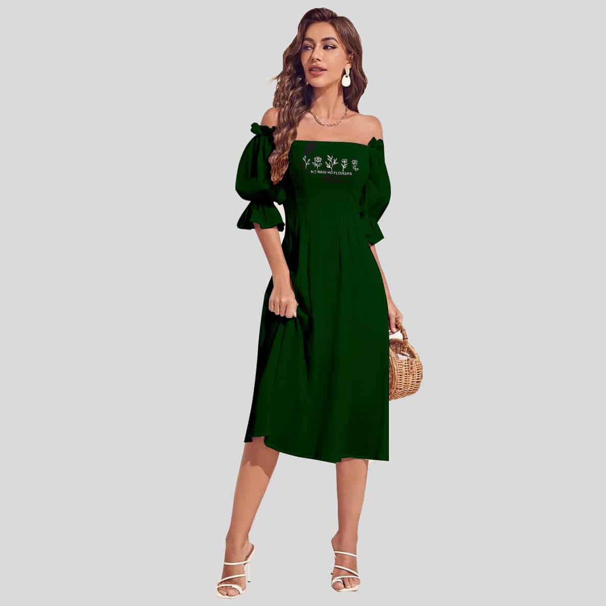 Dark Green Off Shoulder Puff Sleeve Solid Dress-RCD026