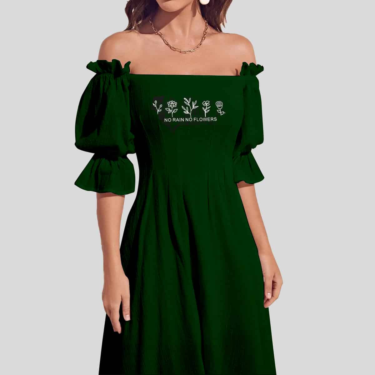 Dark Green Off Shoulder Puff Sleeve Solid Dress-RCD026