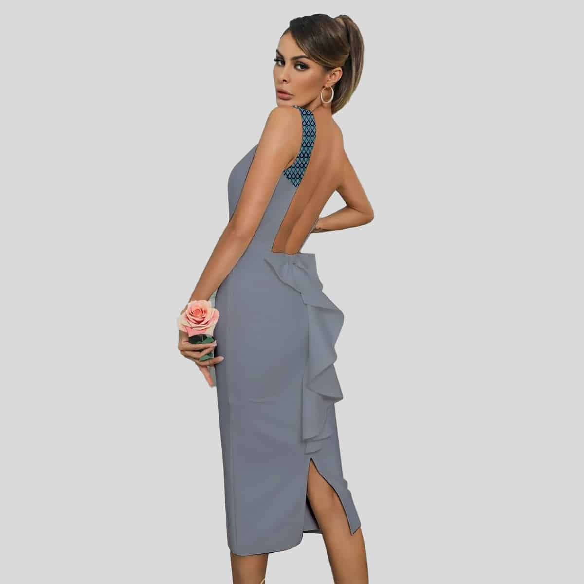Grey Backless Split Hem Dress-RCD028