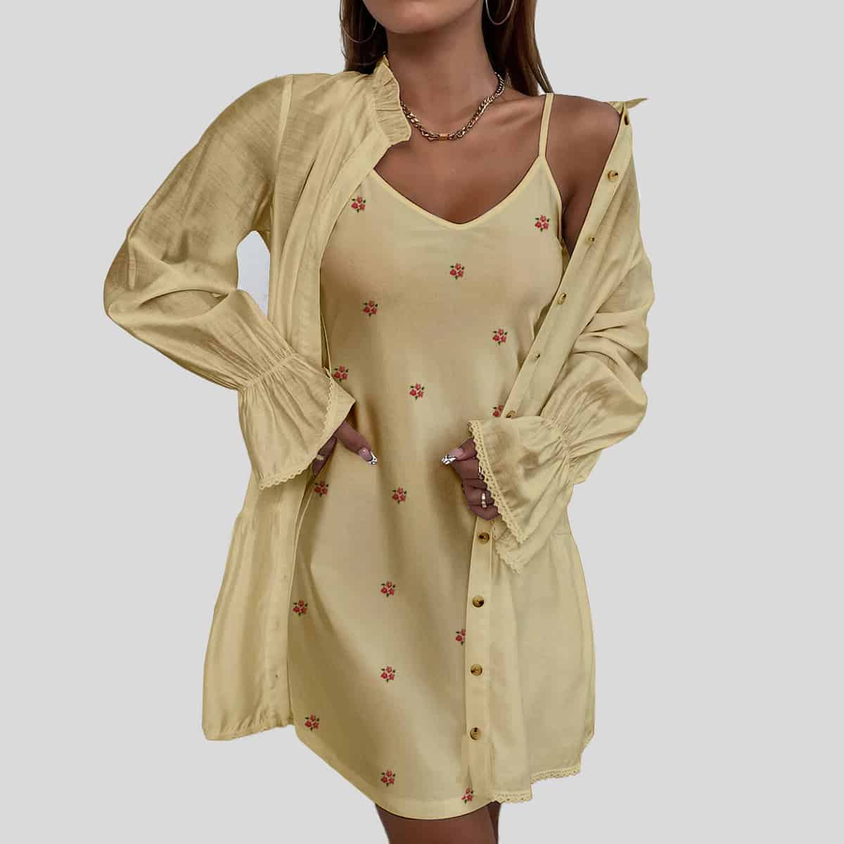 Cream Color Frill Trim Flounce Sleeve Single Breasted Coat & Cami Dress-RCD030