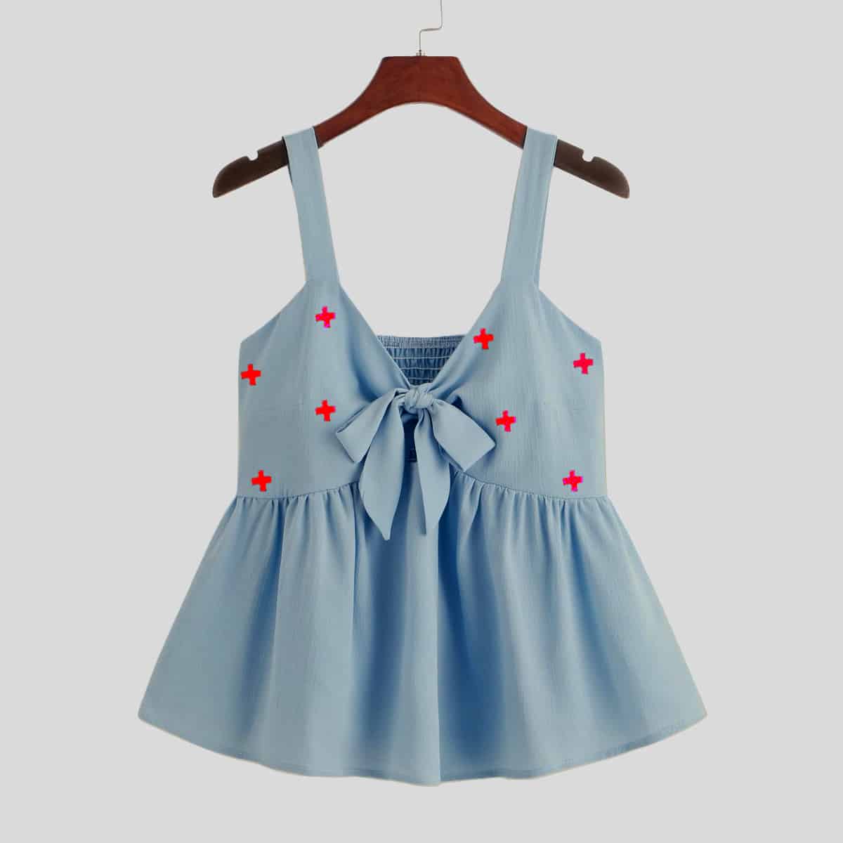 Yale Light Blue Tie Front Shirred Peplum Top-RCT041