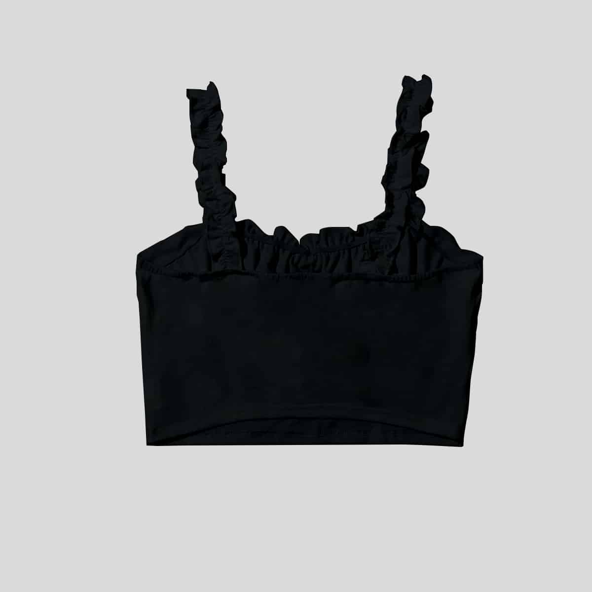 Black Frilled Strap Tie Front Rucked Bust Crop Top-RCT043