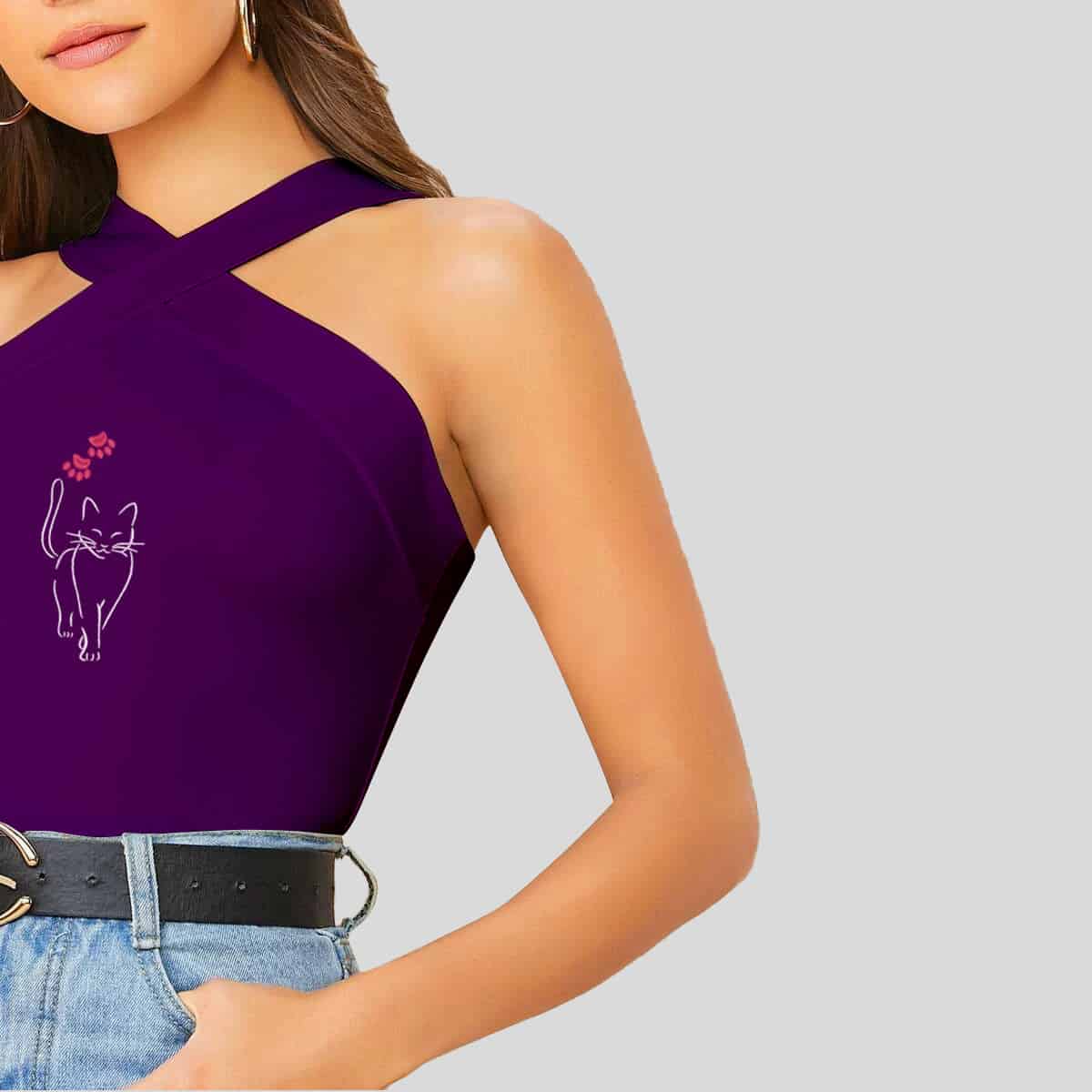 Purple Form-Fitting Crisscross Halter Top-RCT046