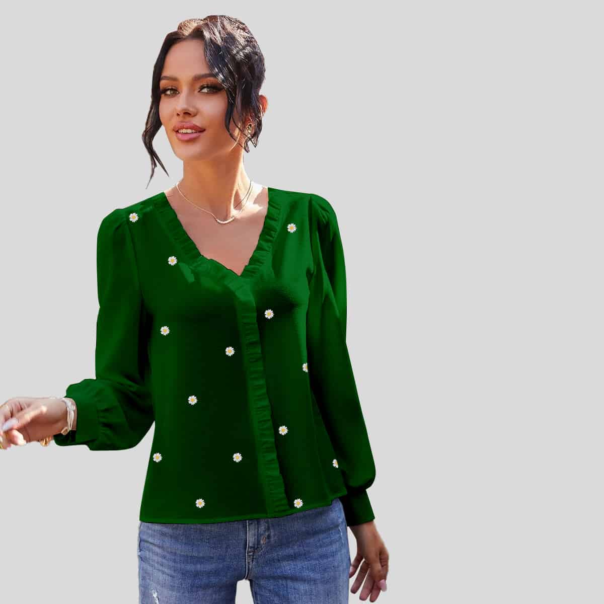 Green V-neck Frill Trim Puff Sleeve Blouse-RCT049