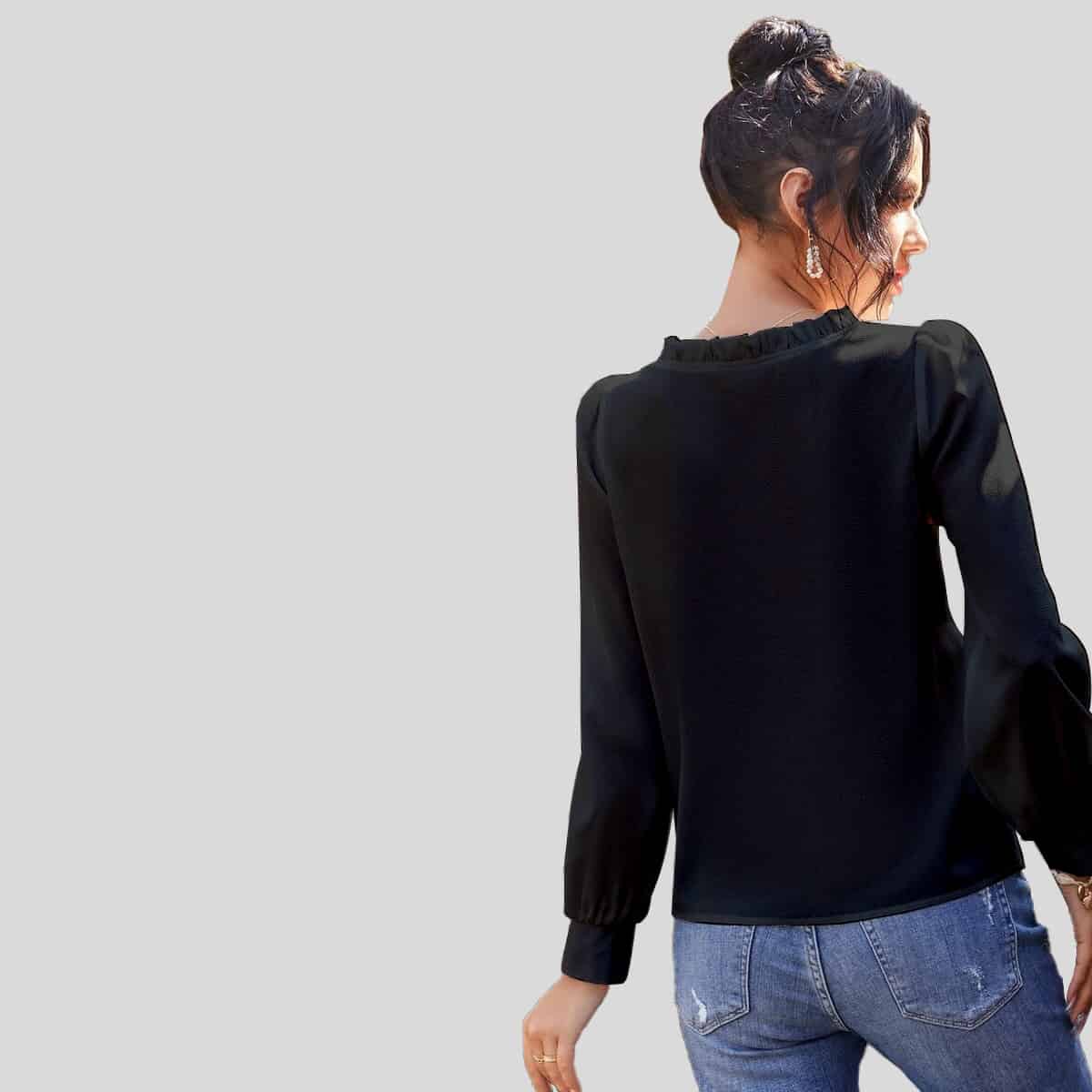 Black V-neck Frill Trim Puff Sleeve Blouse-RCT050