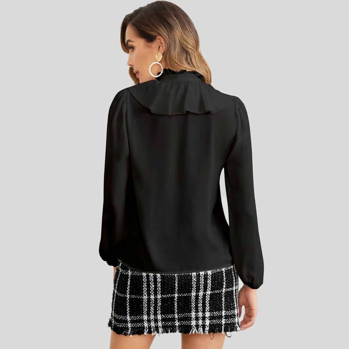 Black Ruffle Trim Button Front Top-RCT052