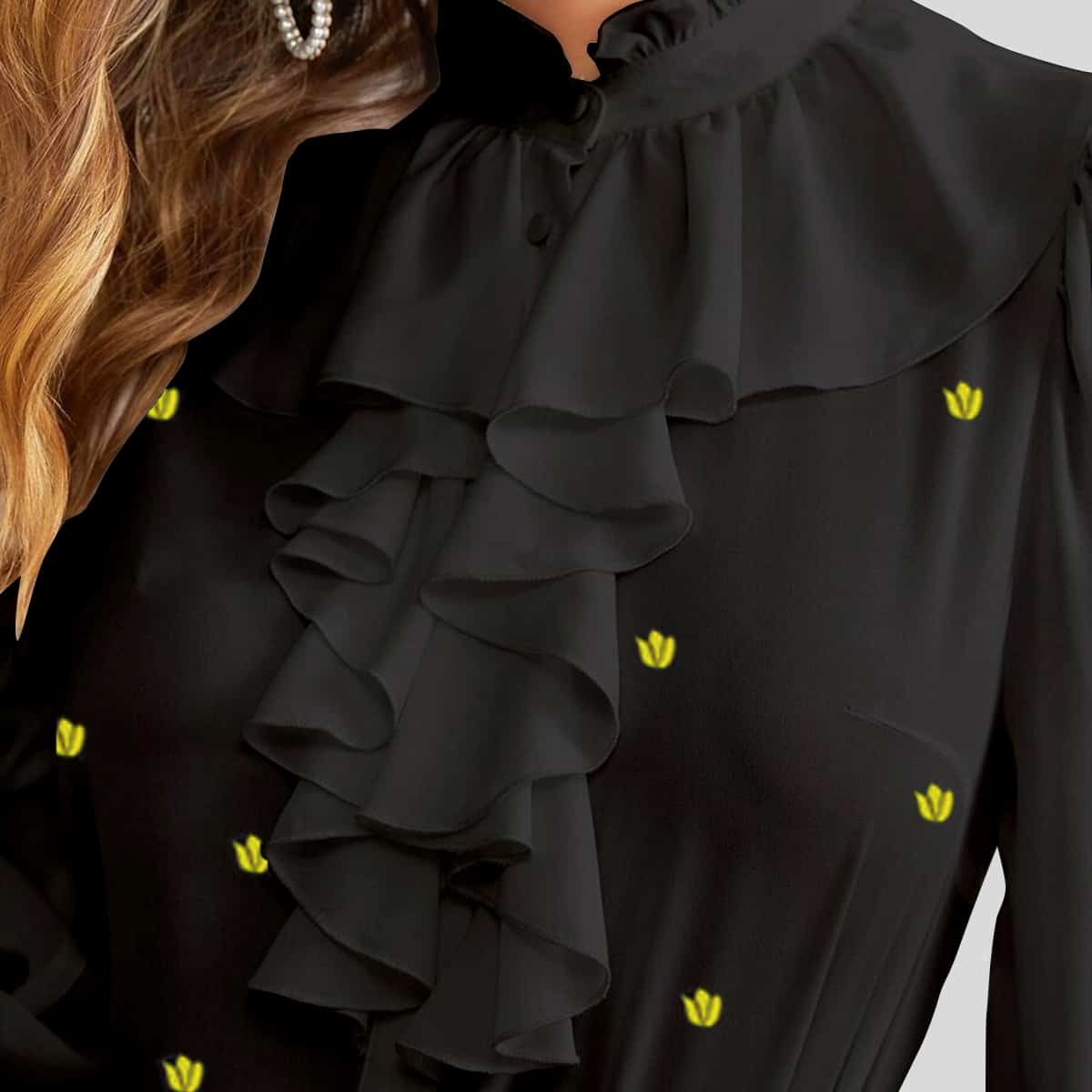 Black Ruffle Trim Button Front Top-RCT052