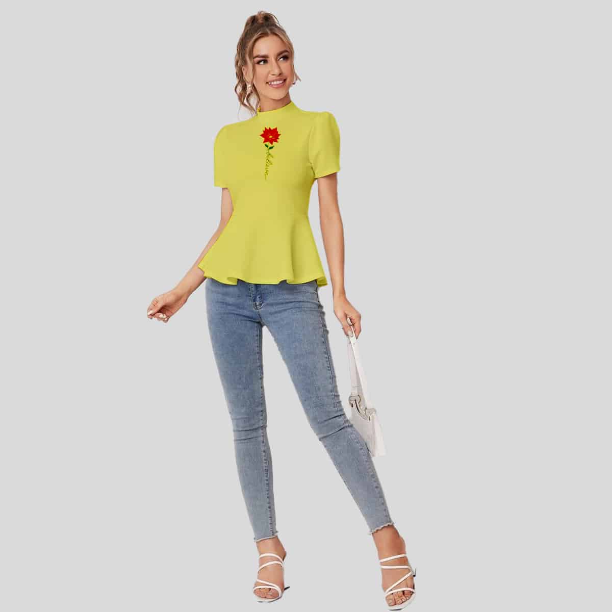 Yellow Zipper Back Solid Peplum Top-RCT053