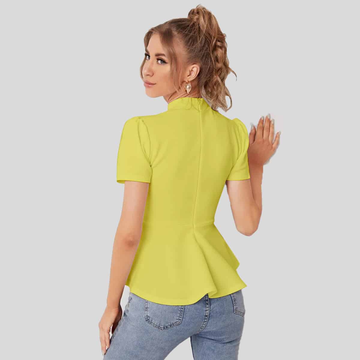 Yellow Zipper Back Solid Peplum Top-RCT053